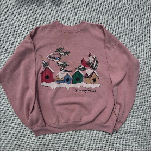 Vintage 90s Pink Sweatshirt with Birdhouse Design - Picture 1 of 8